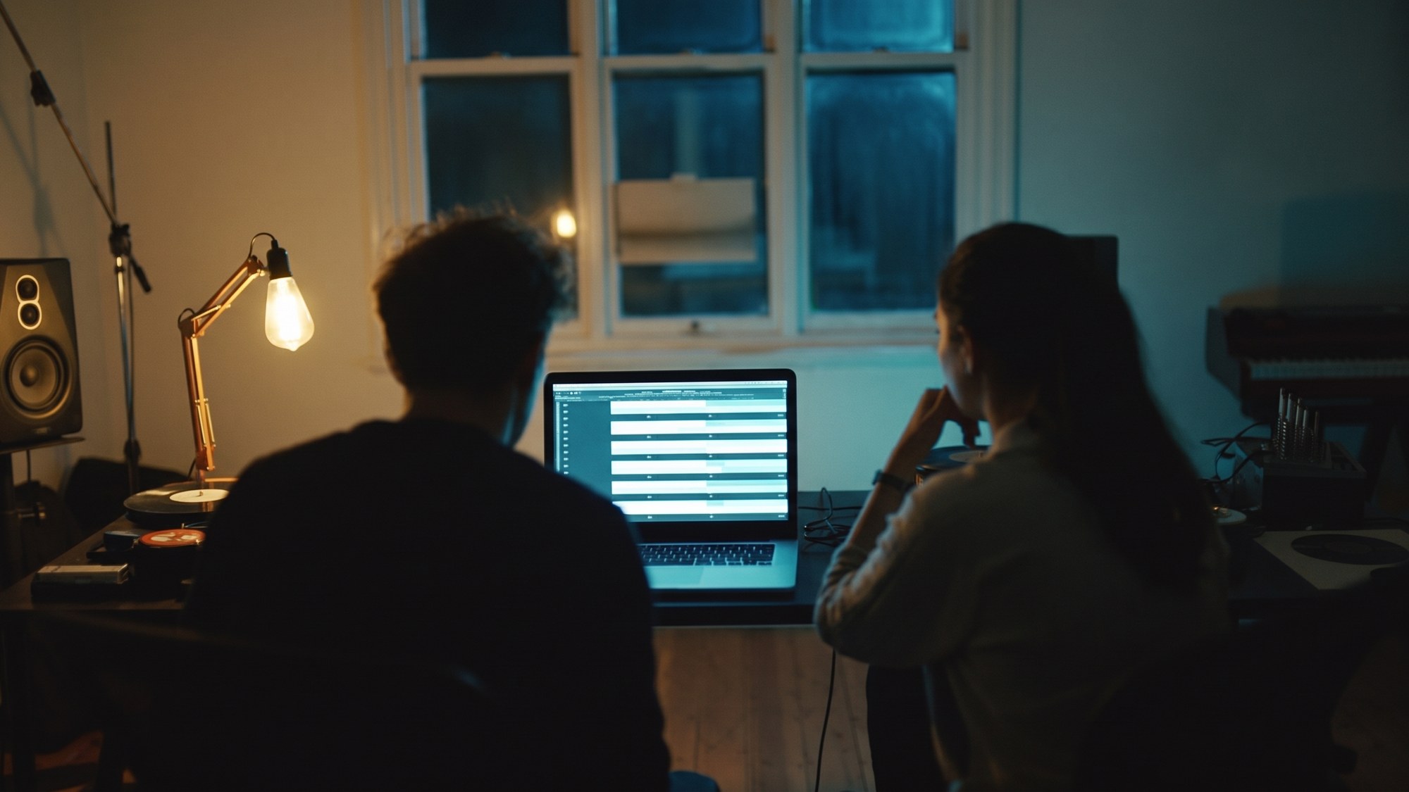 A small label team reviewing earnings analytics together in a loft office at night