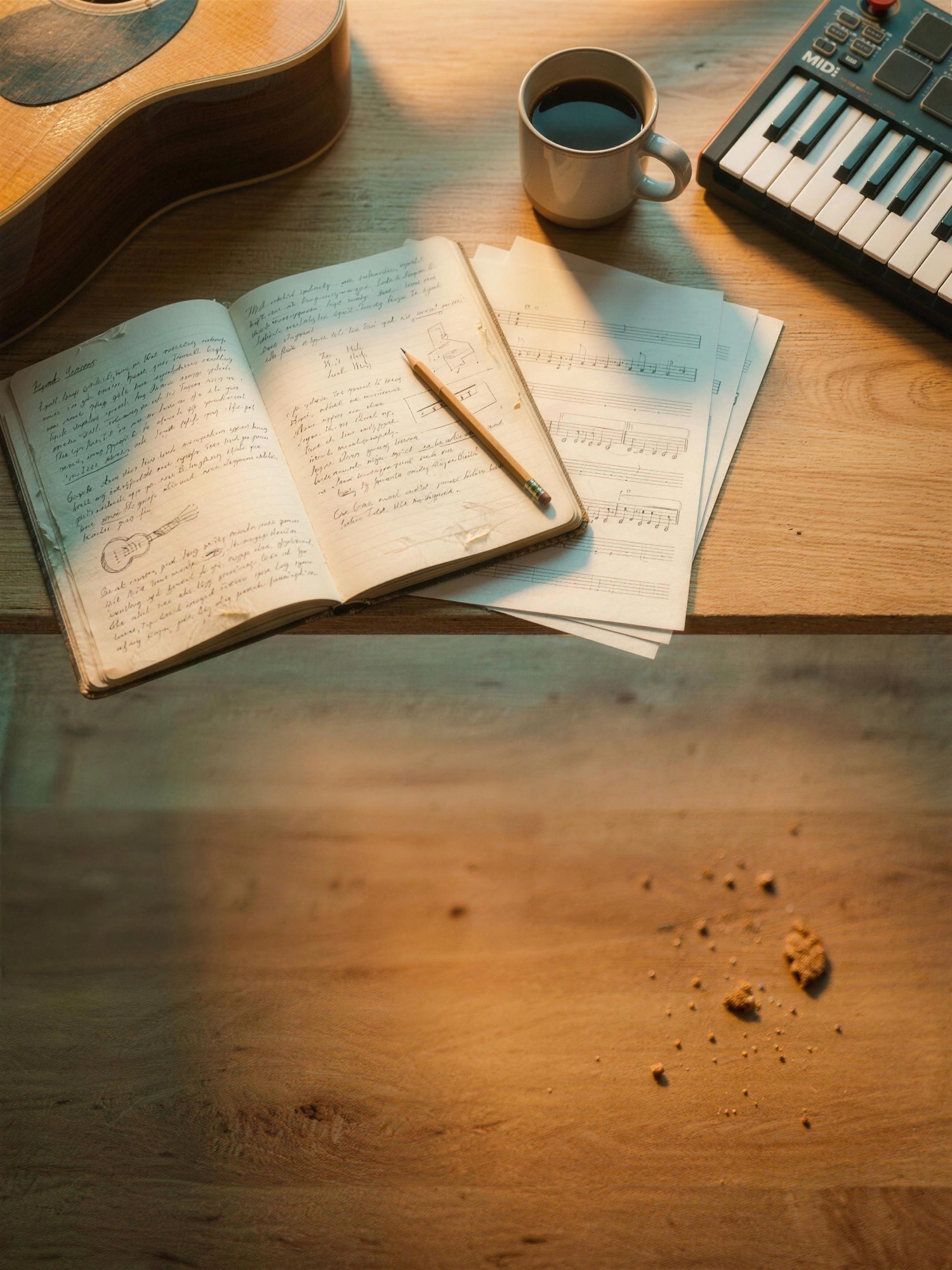 A songwriter at a desk with lyric sheets in a publisher's writing room