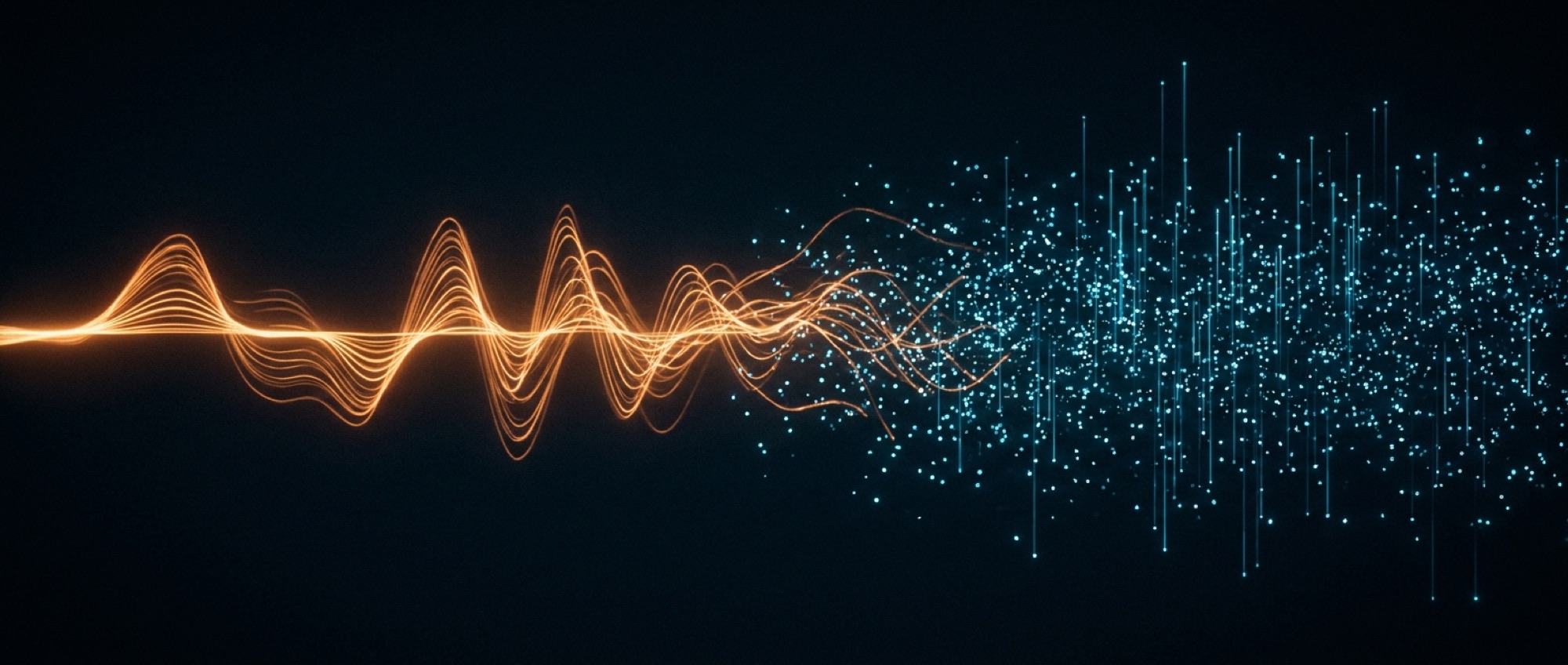 A waveform of warm light dissolving into cyan data particles